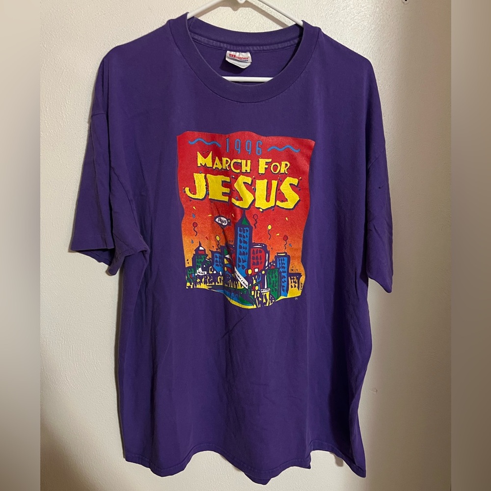 HANES Vintage 1996 Global March for Jesus‎ 2 Sided Graphic T Shirt Purple Wms XL